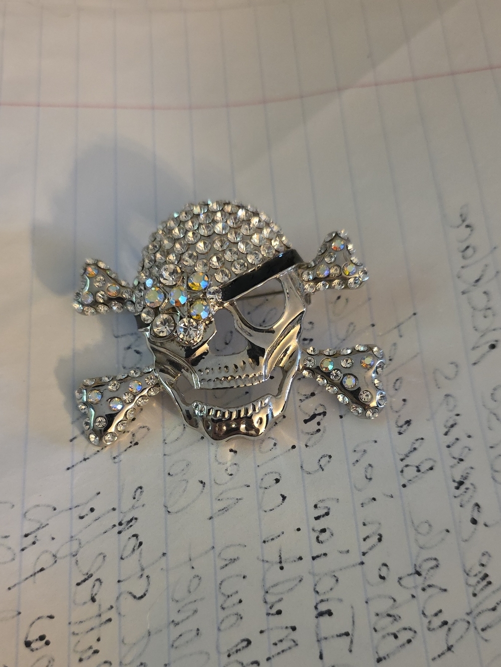 Crystal Skull & Crossbones Brooch - Silver Rhinestone Accent